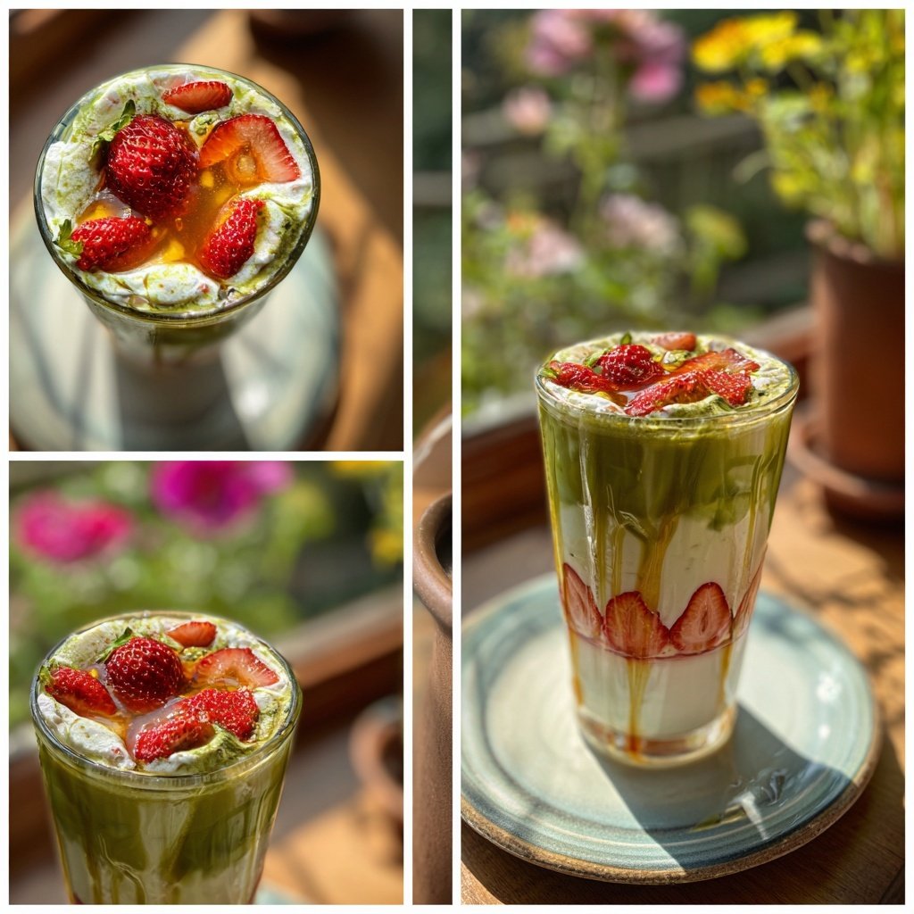 Strawberry Matcha Iced Latte With Honey